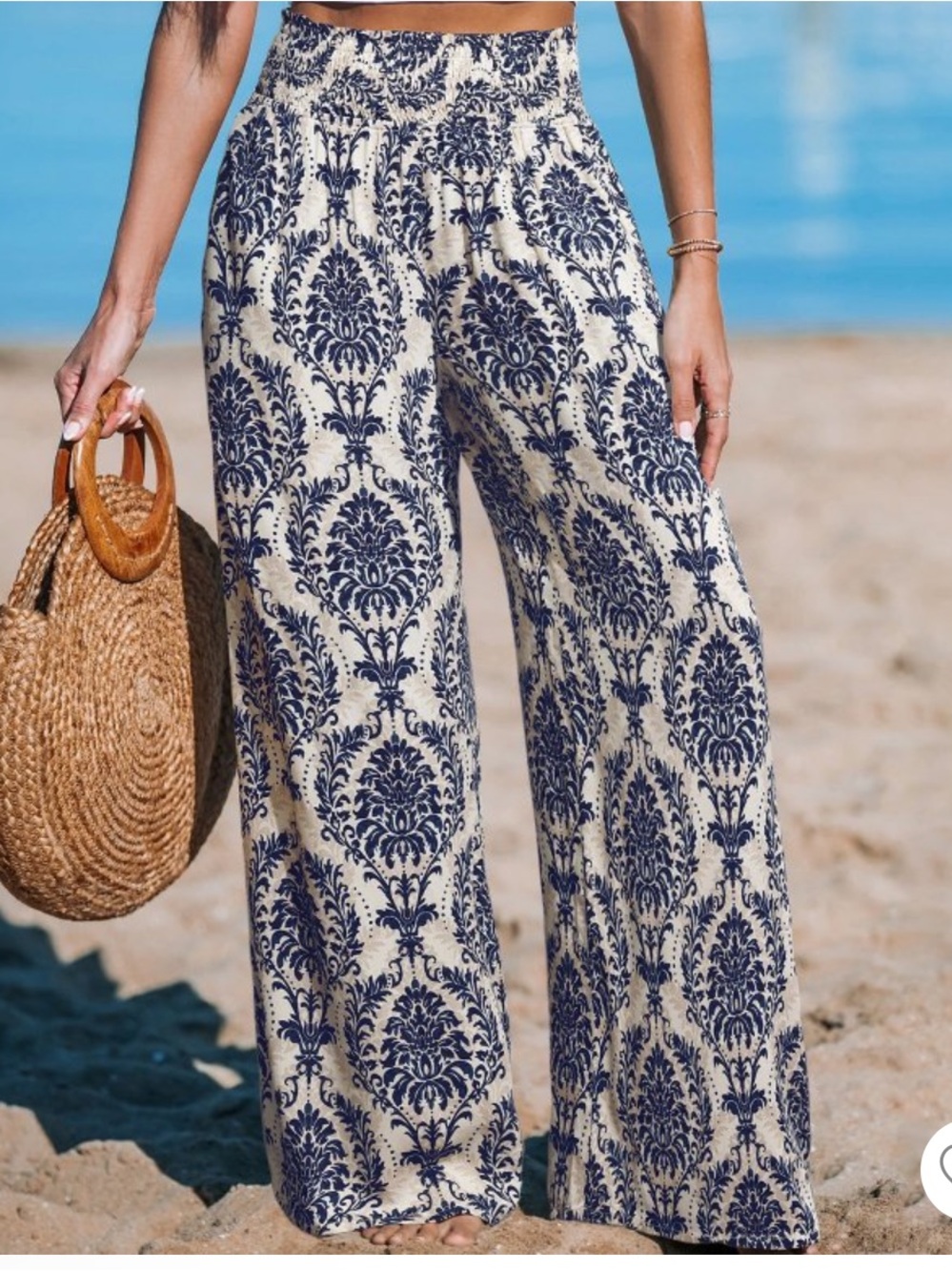 Cupshe NWOT L Navy floral Print beach smocked waist Wide-Leg Palazzo Pants